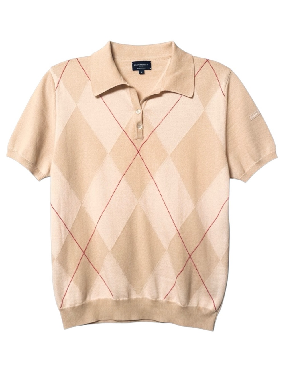 Burberry Vintage Made in Italy Merino Wool Tan Red Argyle Size Small Polo Shirt
